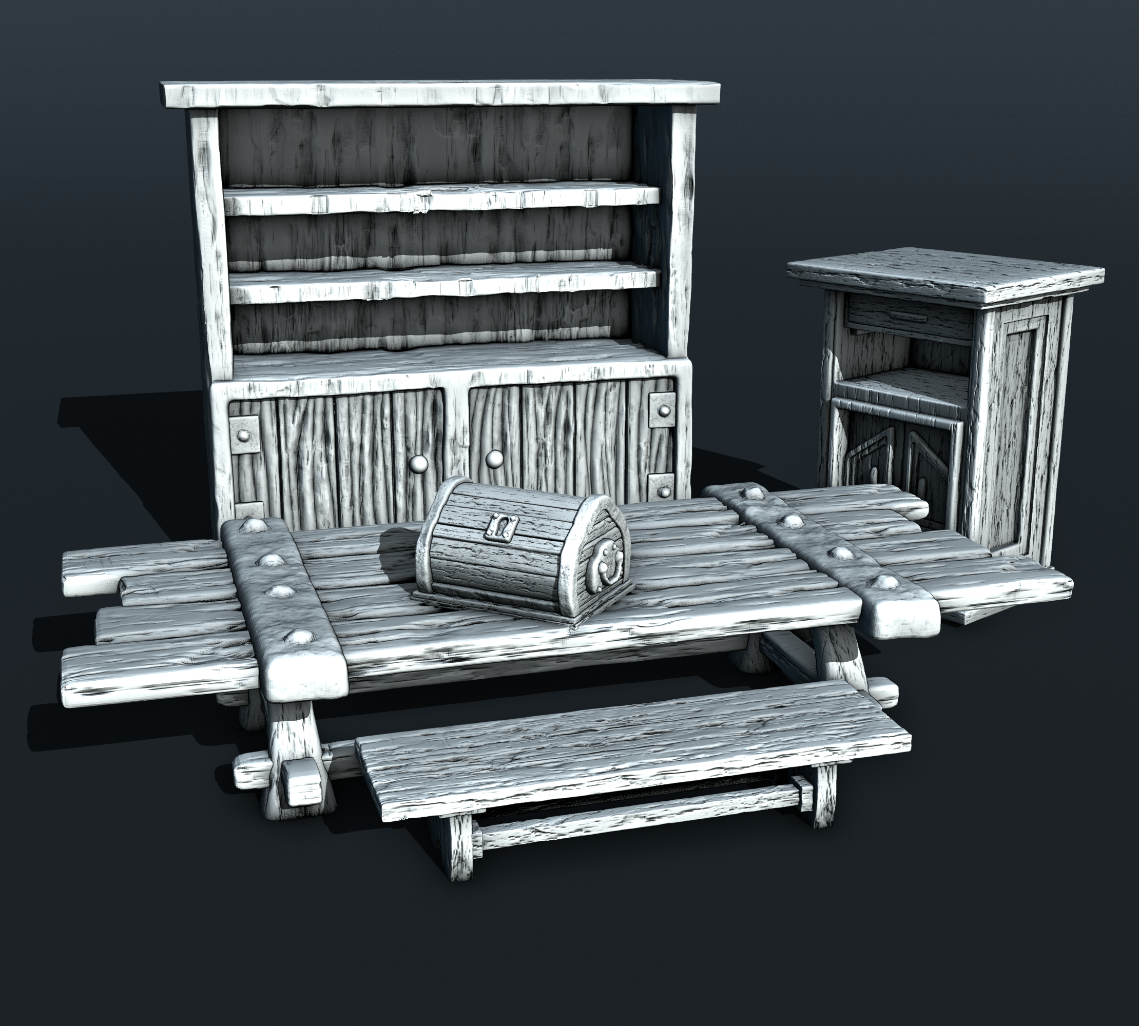 Hobbits - Table with Chest, Bench, Cabinet, Side Table (Digital File)