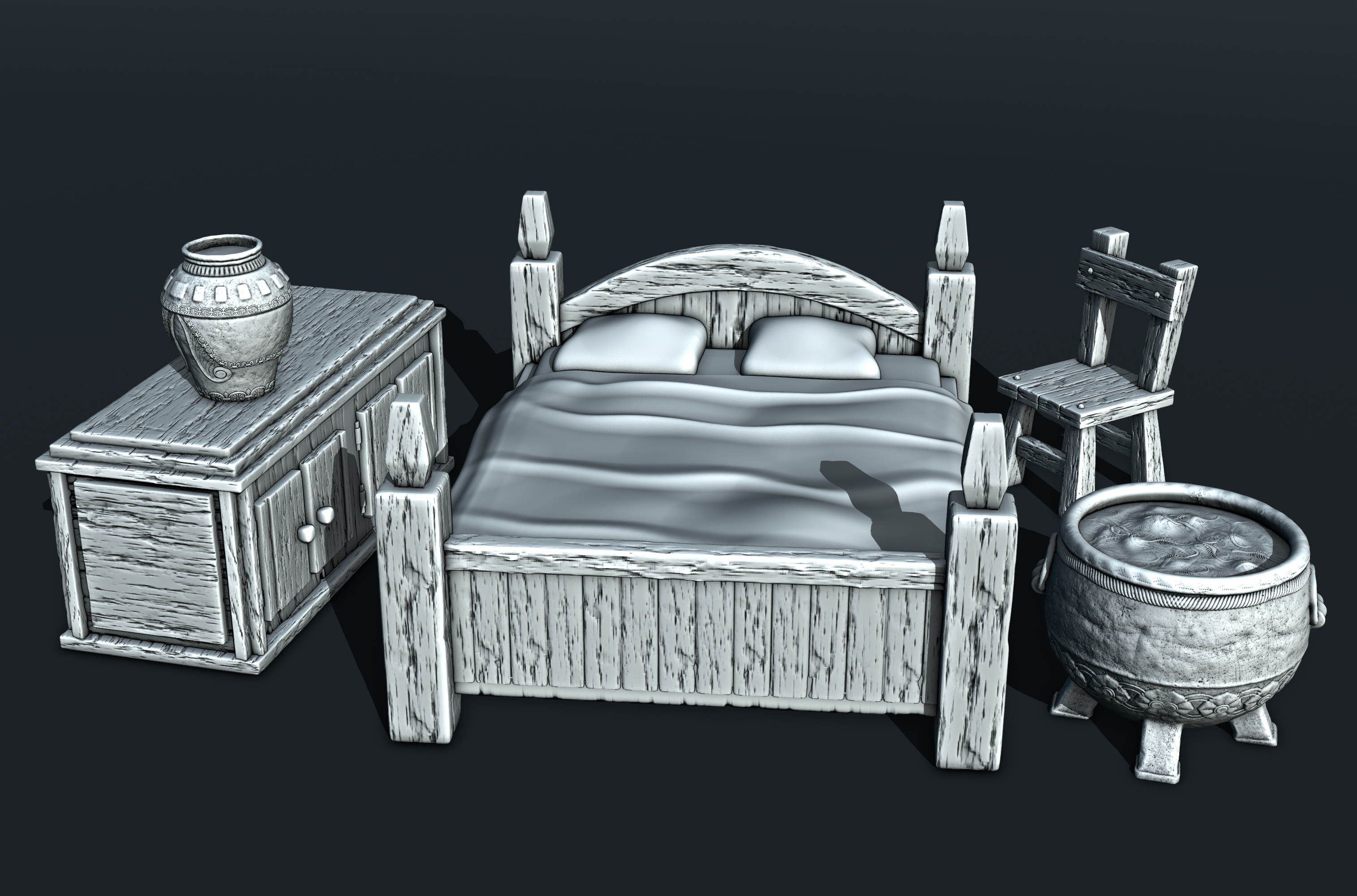 Hobbits - Bed, Chest, Cauldron, Chair (Digital File)