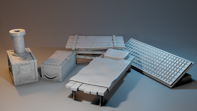 Post Apocalypses - Interior -Table, Bed, Solar Panel, Chest (Digital File)