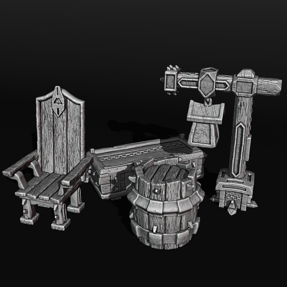 Stylized Middle Ages Part 3 - Interior - Lamp, Chair, Barrel (Digital file)