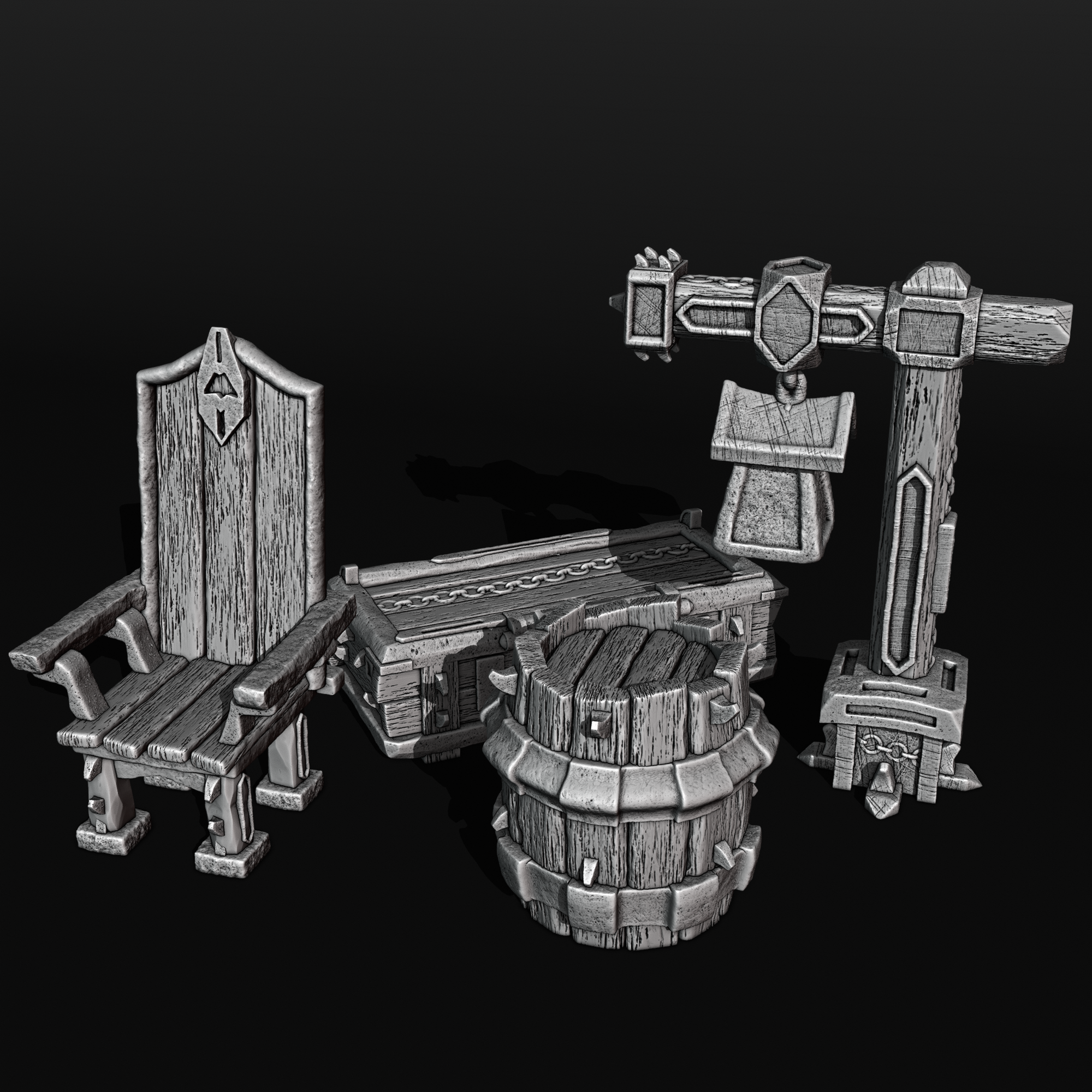 Stylized Middle Ages Part 3 - Interior - Lamp, Chair, Barrel (Digital file)